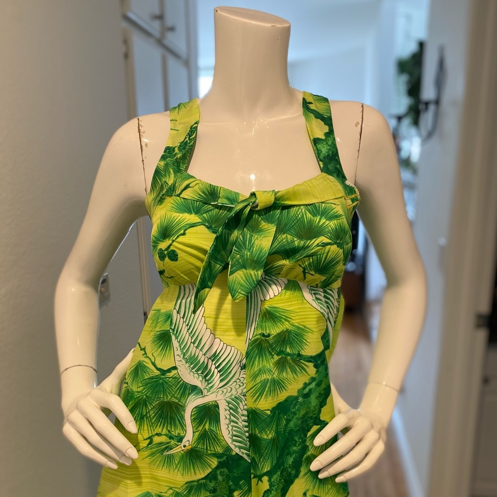 Vintage Tropical Floral Crane Print Maxi Dress